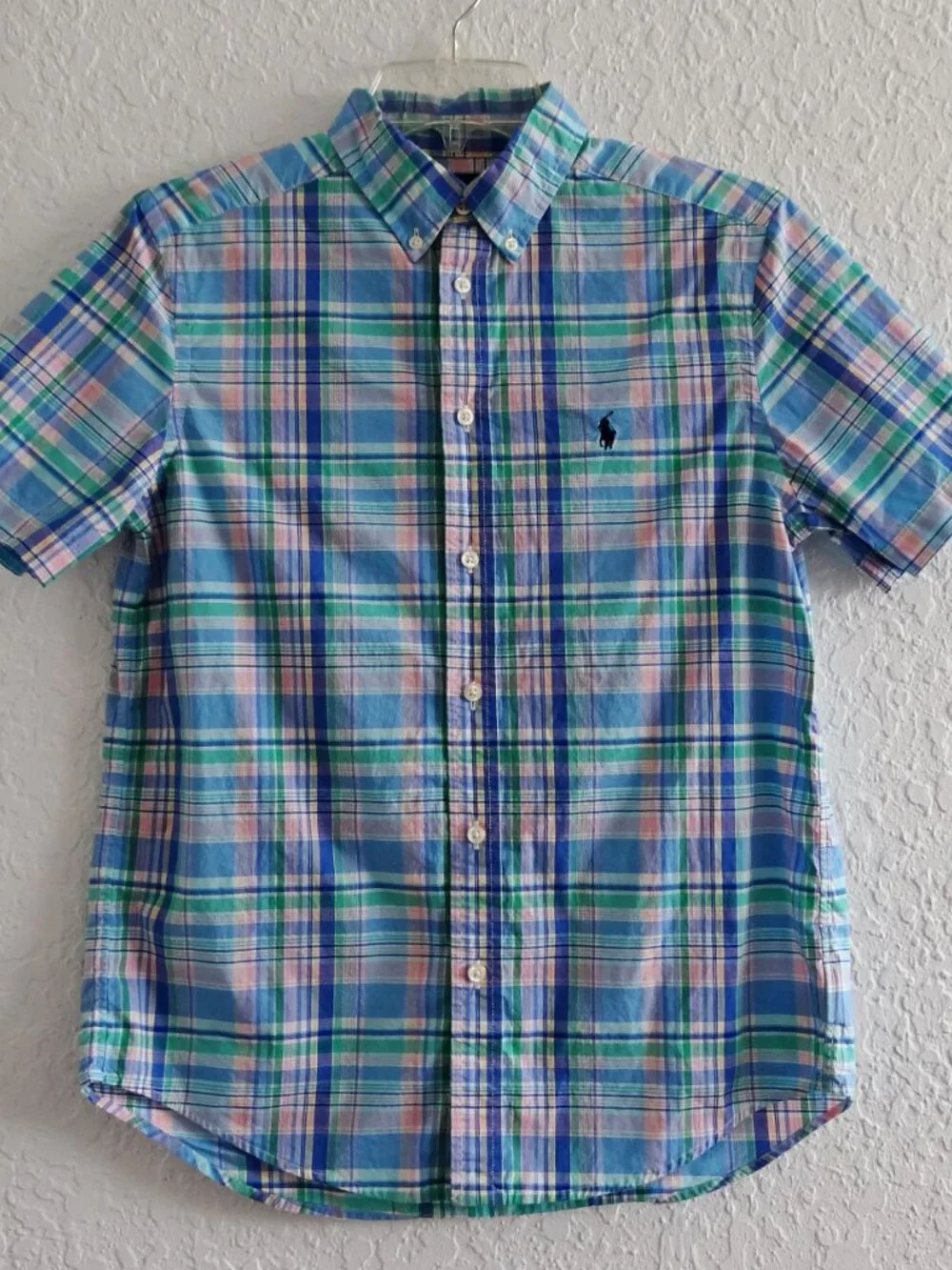 Ralph Lauren Boy's L 14-16 Plaid Short Sleeve Button Down Shirt Blue Green Pink